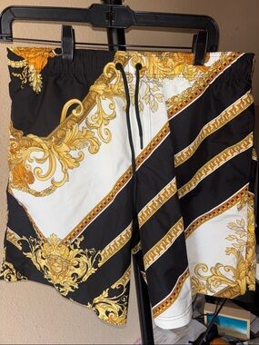 Versace Black White and Gold Baroque Swim Shorts